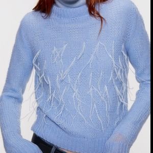 NEW Zara Knit Wool Blend Sweater with Feathers